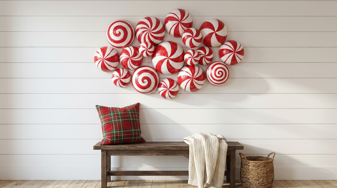 Foam Ball Christmas Crafts peppermint candy wall decor made from painted half balls