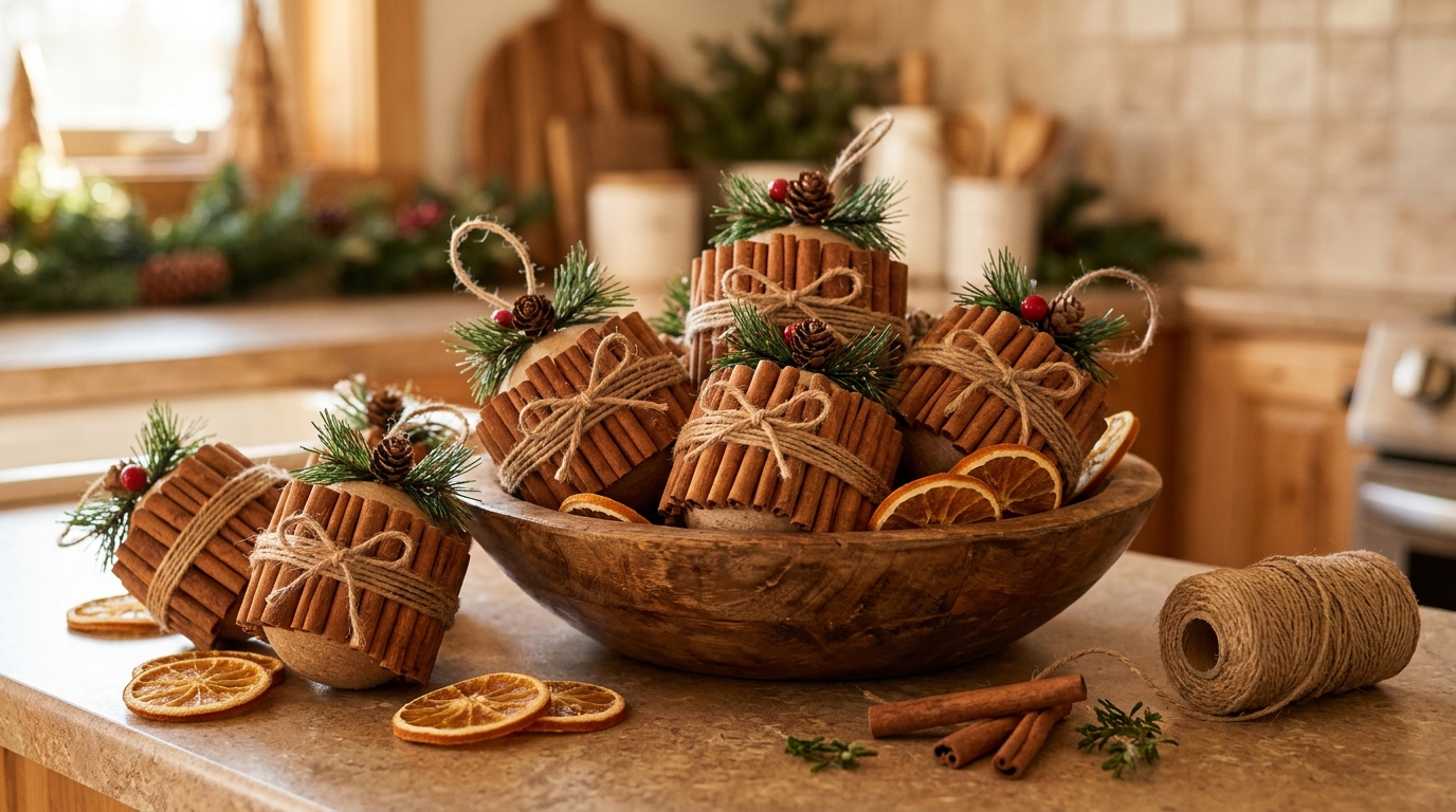 Ornaments wrapped in cinnamon sticks and jute in a wooden bowl with dried oranges