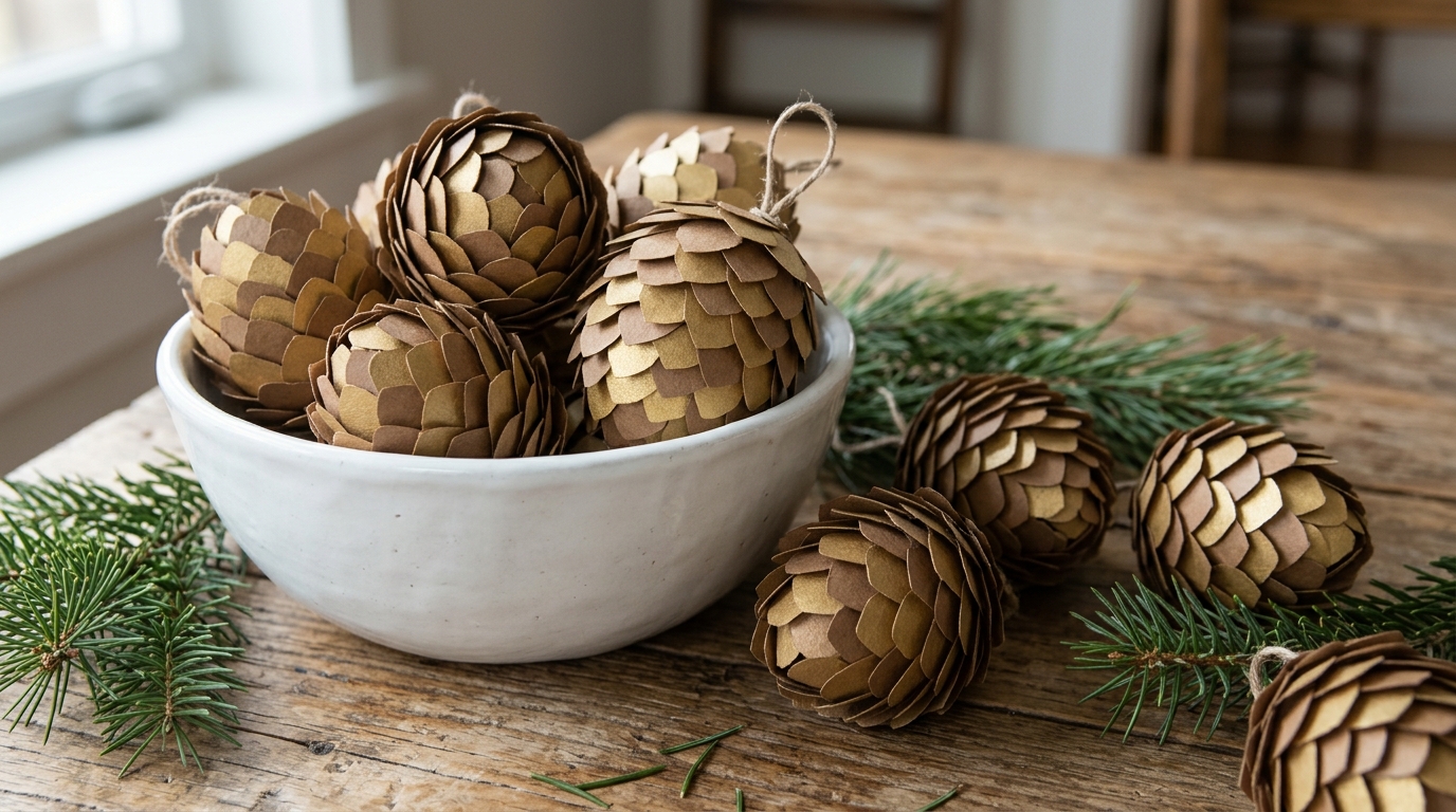 Faux pine cone ornaments made from kraft paper scales in a white bowl
