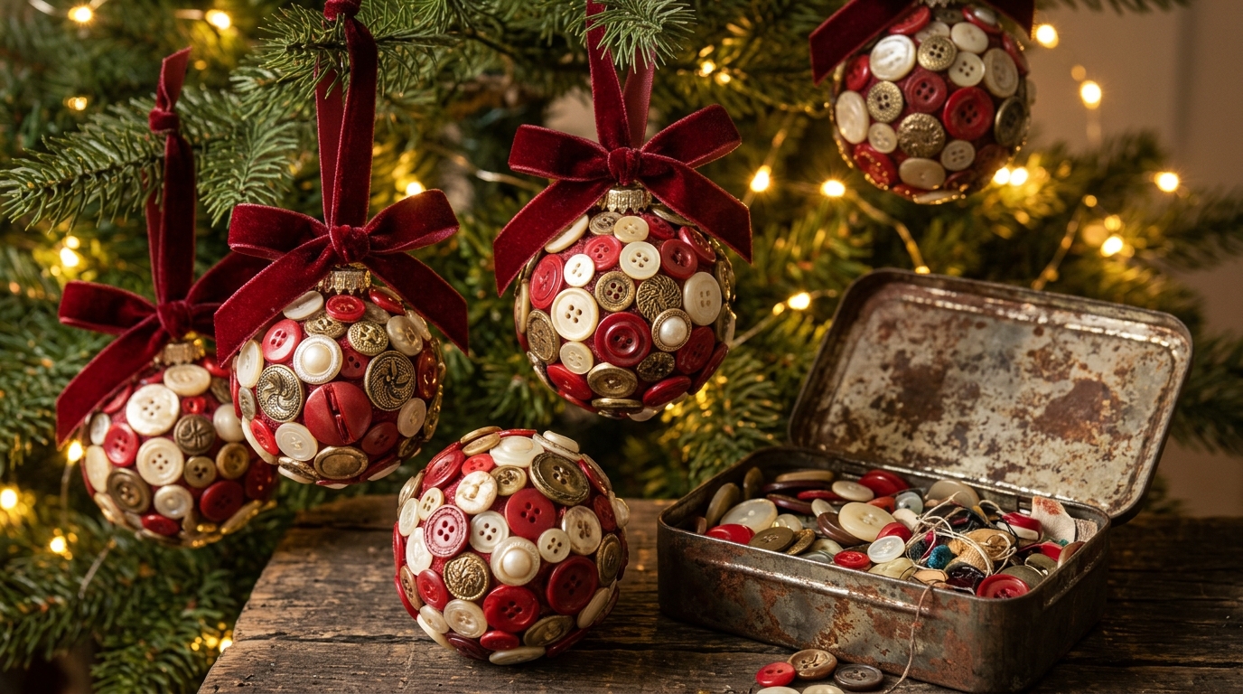 Foam Ball Christmas Crafts covered in vintage buttons hanging on a tree