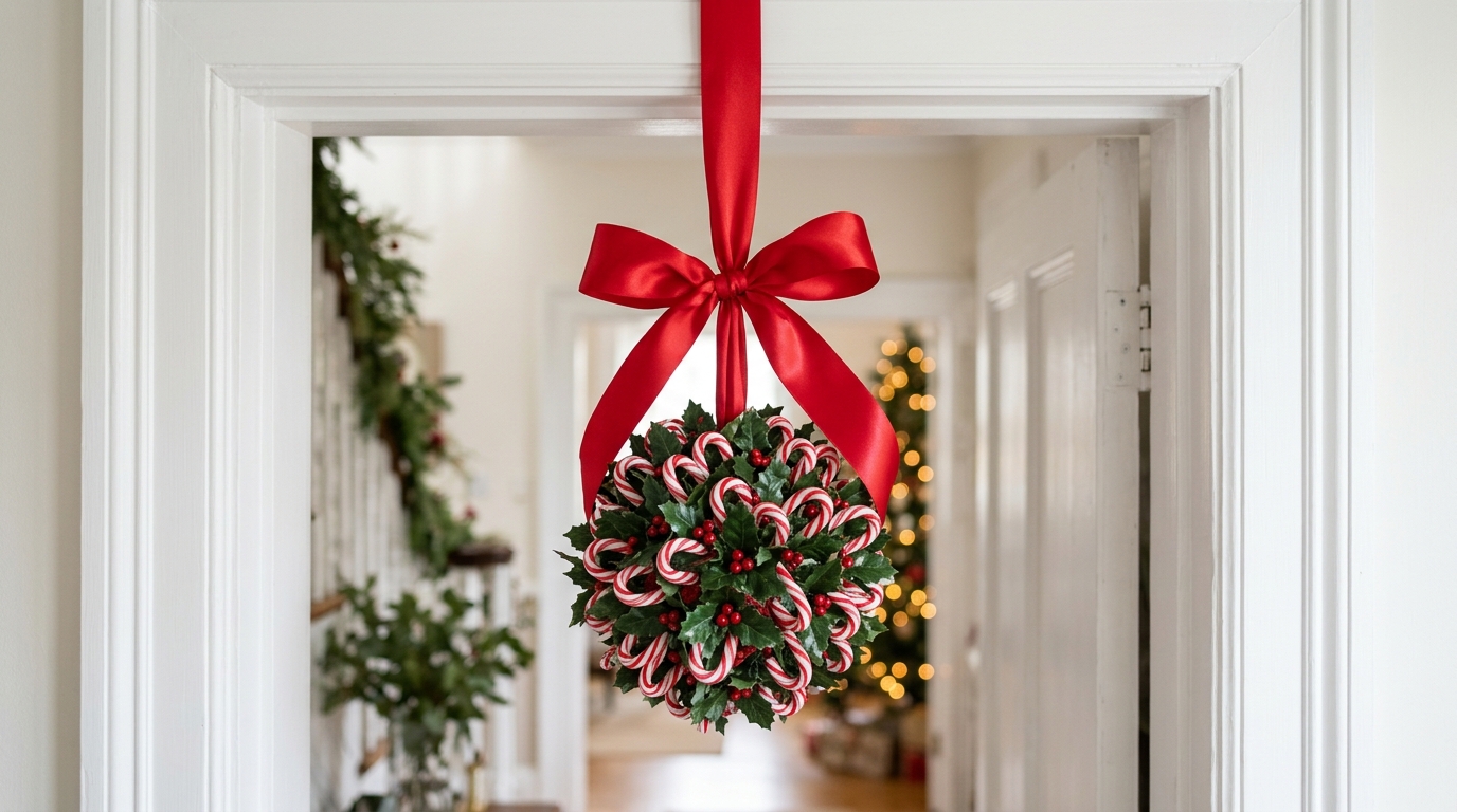 Candy cane kissing ball with faux holly hanging from a red satin ribbon in a doorway