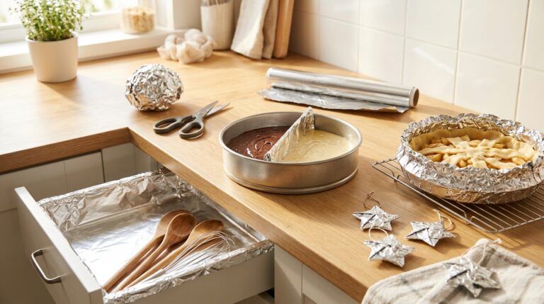 Aluminum foil hacks on a kitchen counter with scissors, a lined drawer, a pie and foil stars