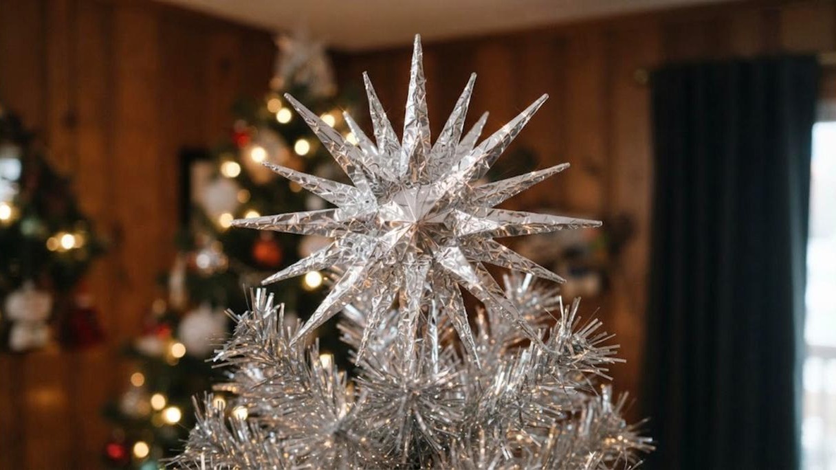 Handmade aluminum foil starburst star topper on a silver tinsel tree