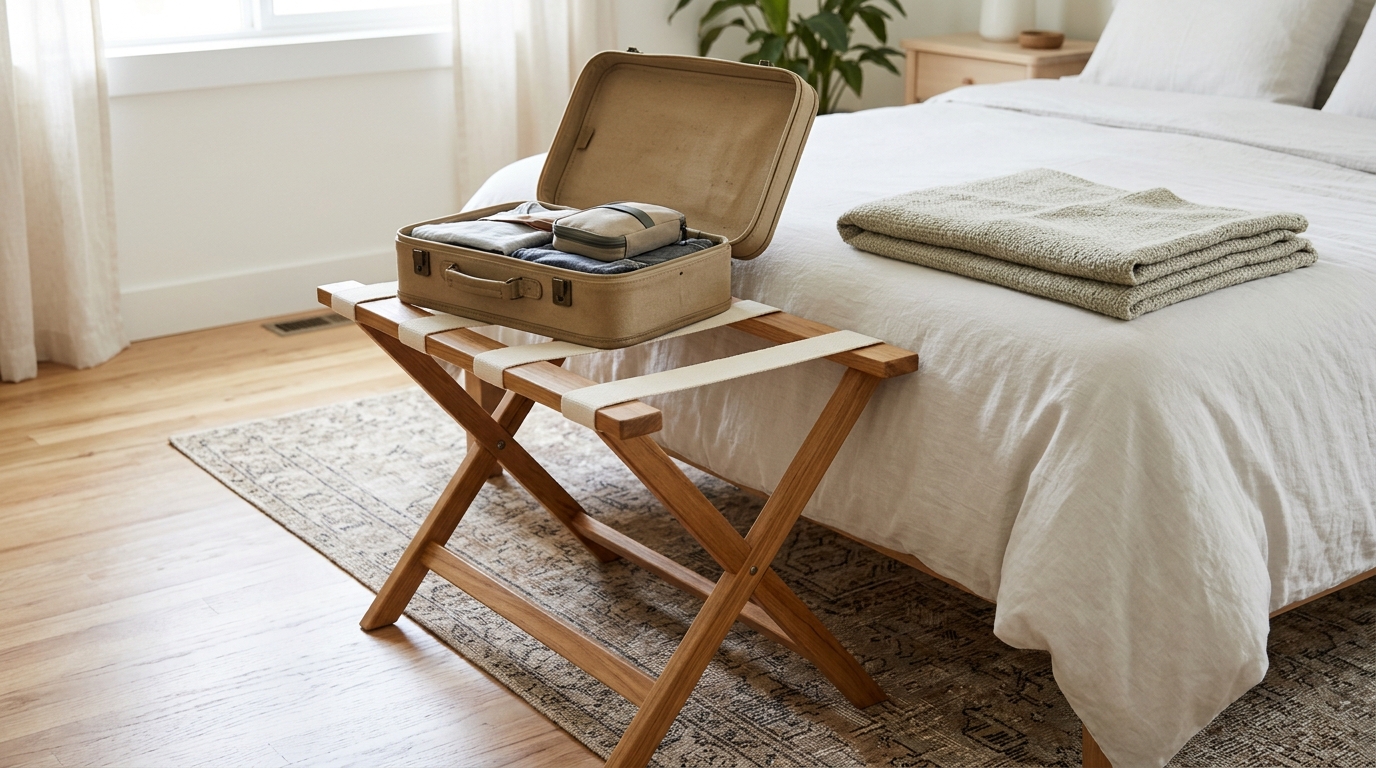 Folding stool with webbing straps used as a luggage rack in a guest room