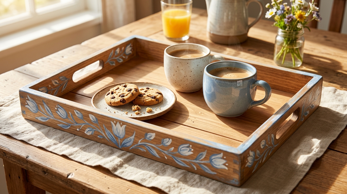 Wooden serving tray with a hand painted folk art tulip border
