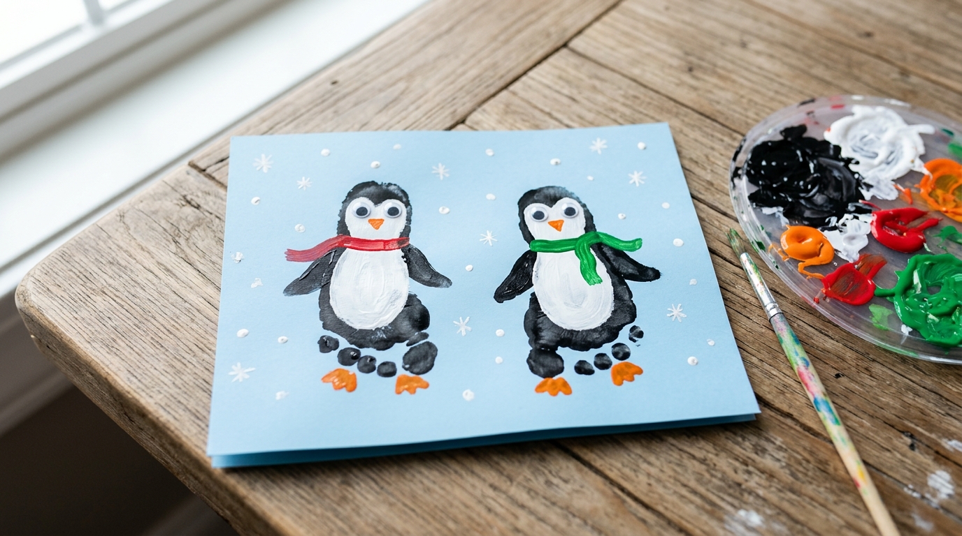 Two footprint penguins with scarves on light blue card