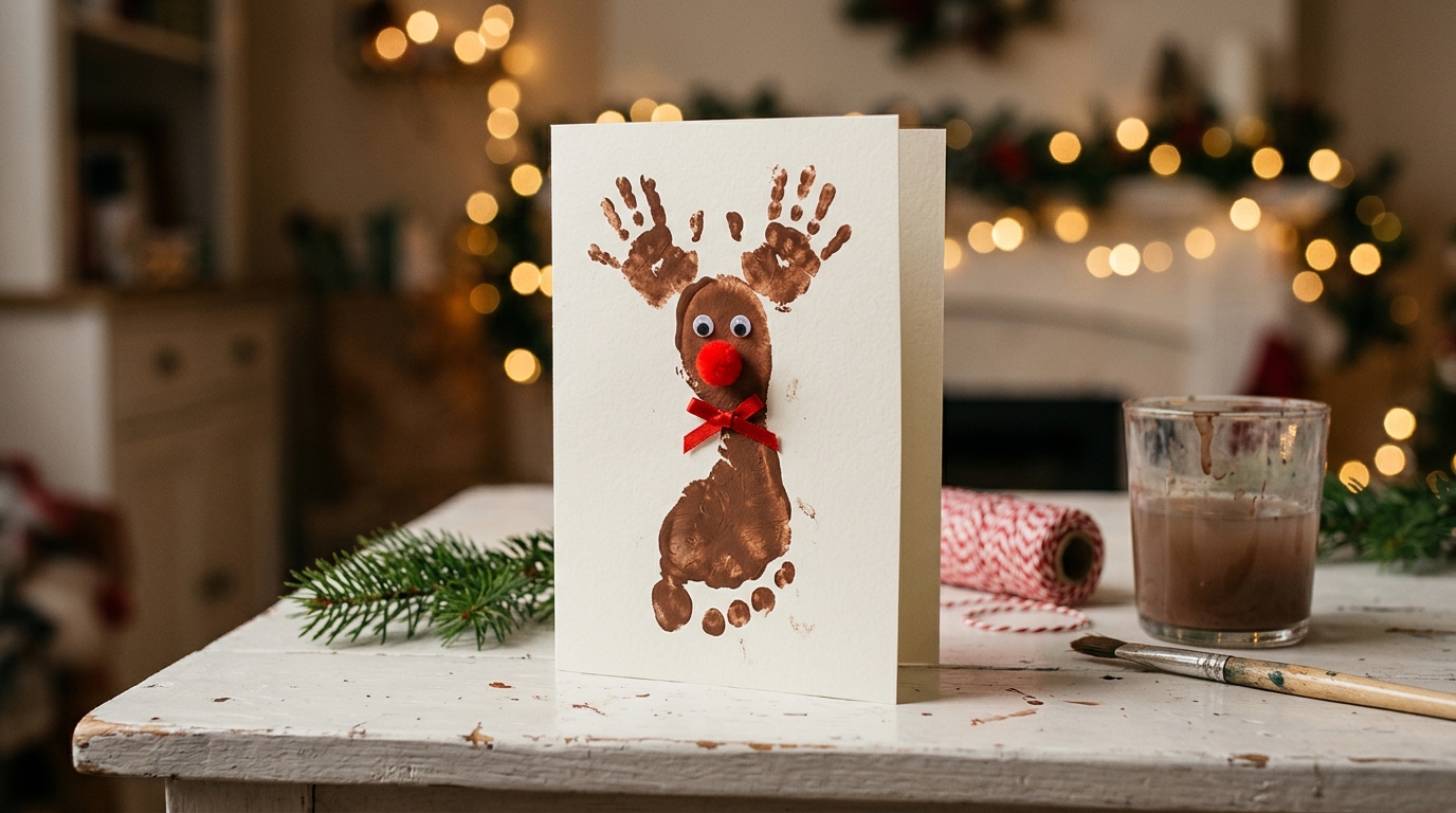 Handprint and footprint crafts: footprint reindeer Christmas card with a red pom-pom nose