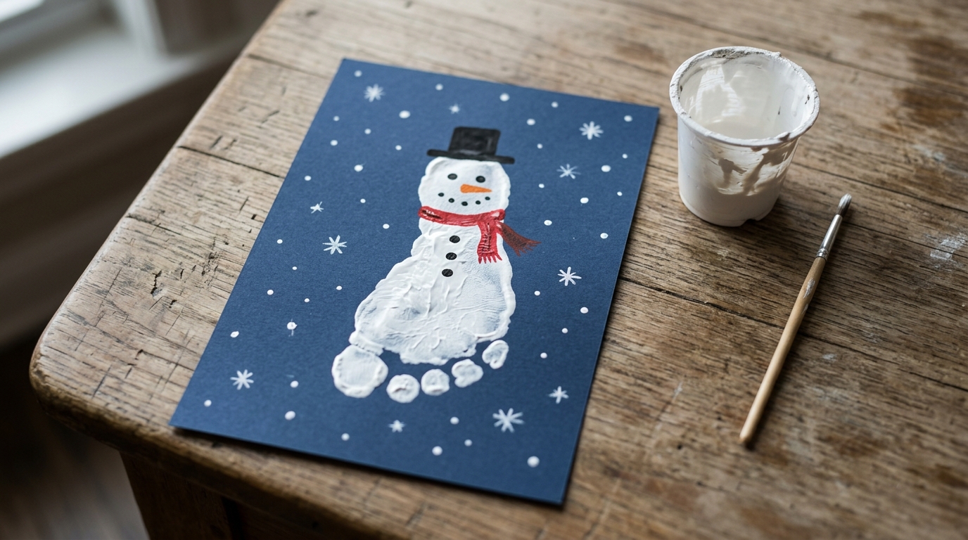 Footprint snowman with a red scarf and top hat on dark blue card