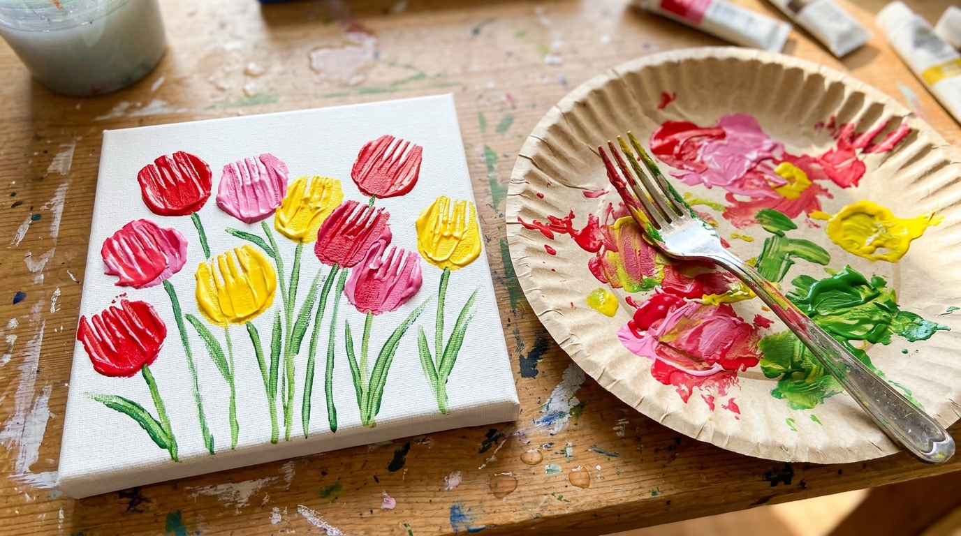 Red, pink and yellow fork-printed tulips beside a dinner fork