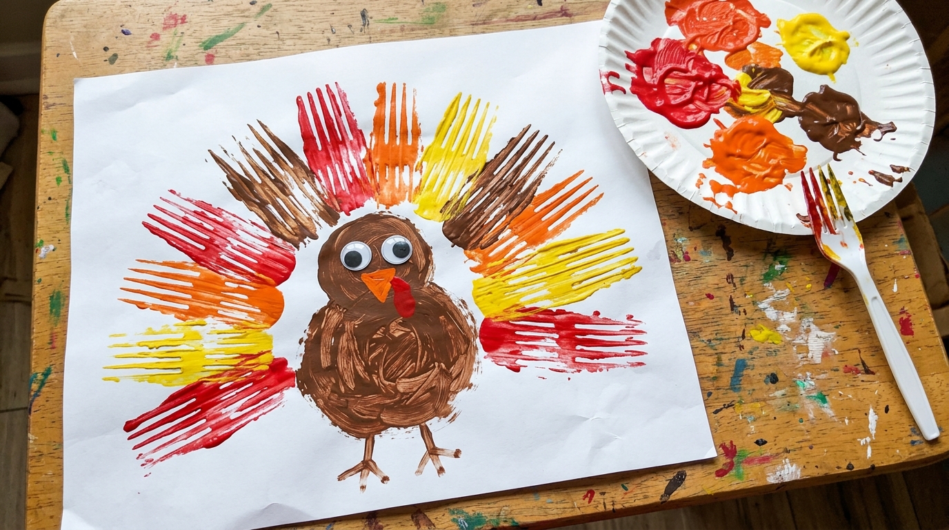 Turkey painting made by stamping a plastic fork in red, orange, yellow and brown paint