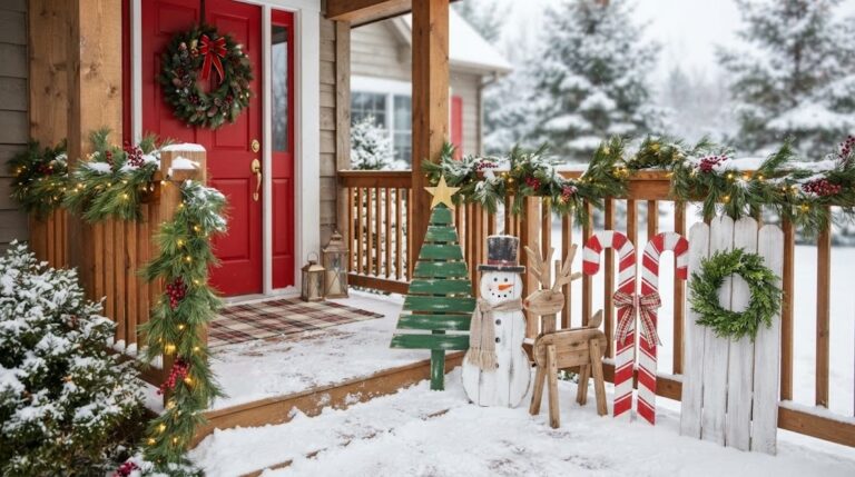 Fence picket Christmas crafts on a snowy porch: stacked tree, snowman, reindeer, candy canes and a sign with a wreath