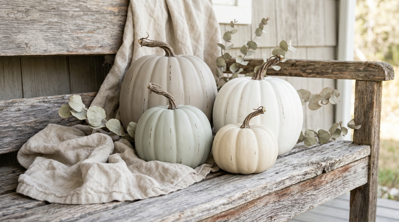 Four faux pumpkins painted in soft neutral chalk paint on a weathered wooden bench