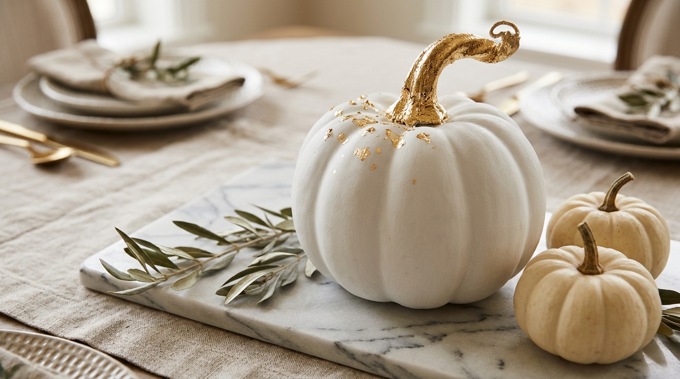 Faux pumpkin makeovers idea: a white pumpkin with a shiny gold leaf stem on a marble tray