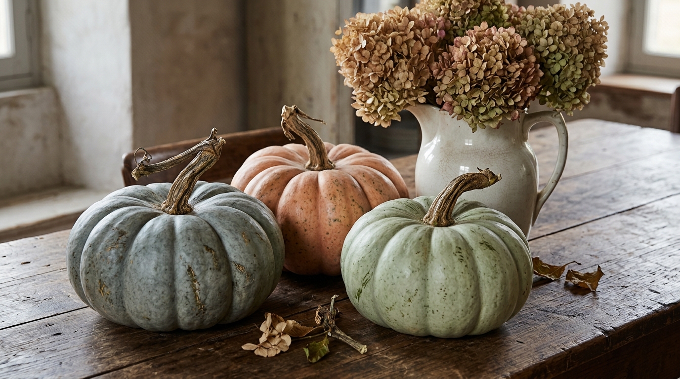 Faux pumpkin makeovers painted like French heirloom pumpkins in blue gray, peach and pale green