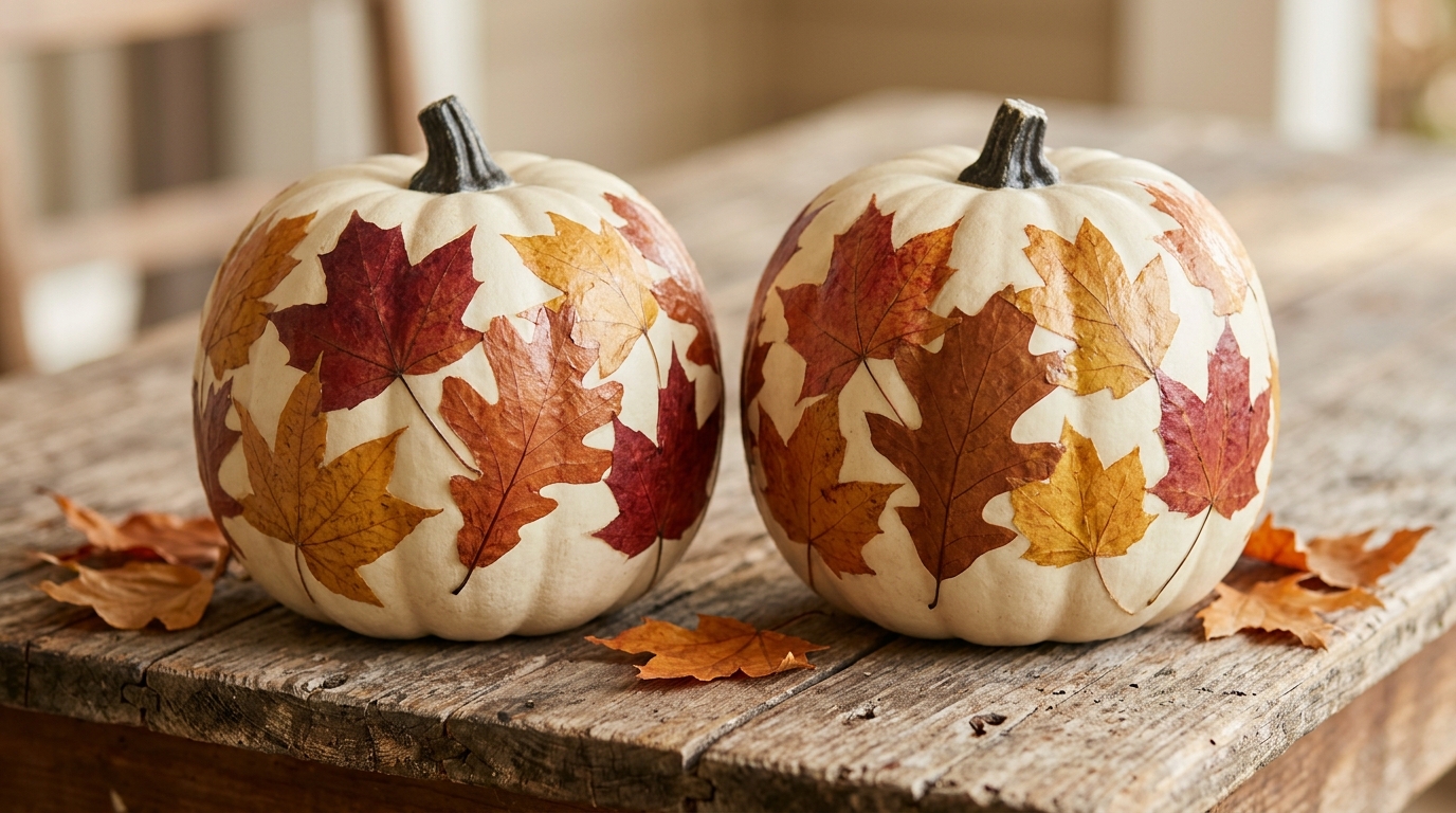 Two cream pumpkins decoupaged with pressed red, orange and gold autumn leaves