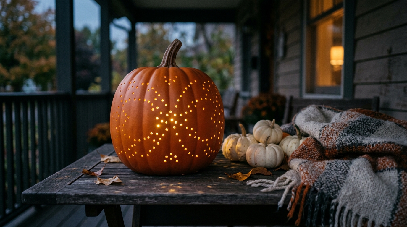 Orange faux pumpkin with drilled holes glowing from battery LED lights on a porch table at dusk