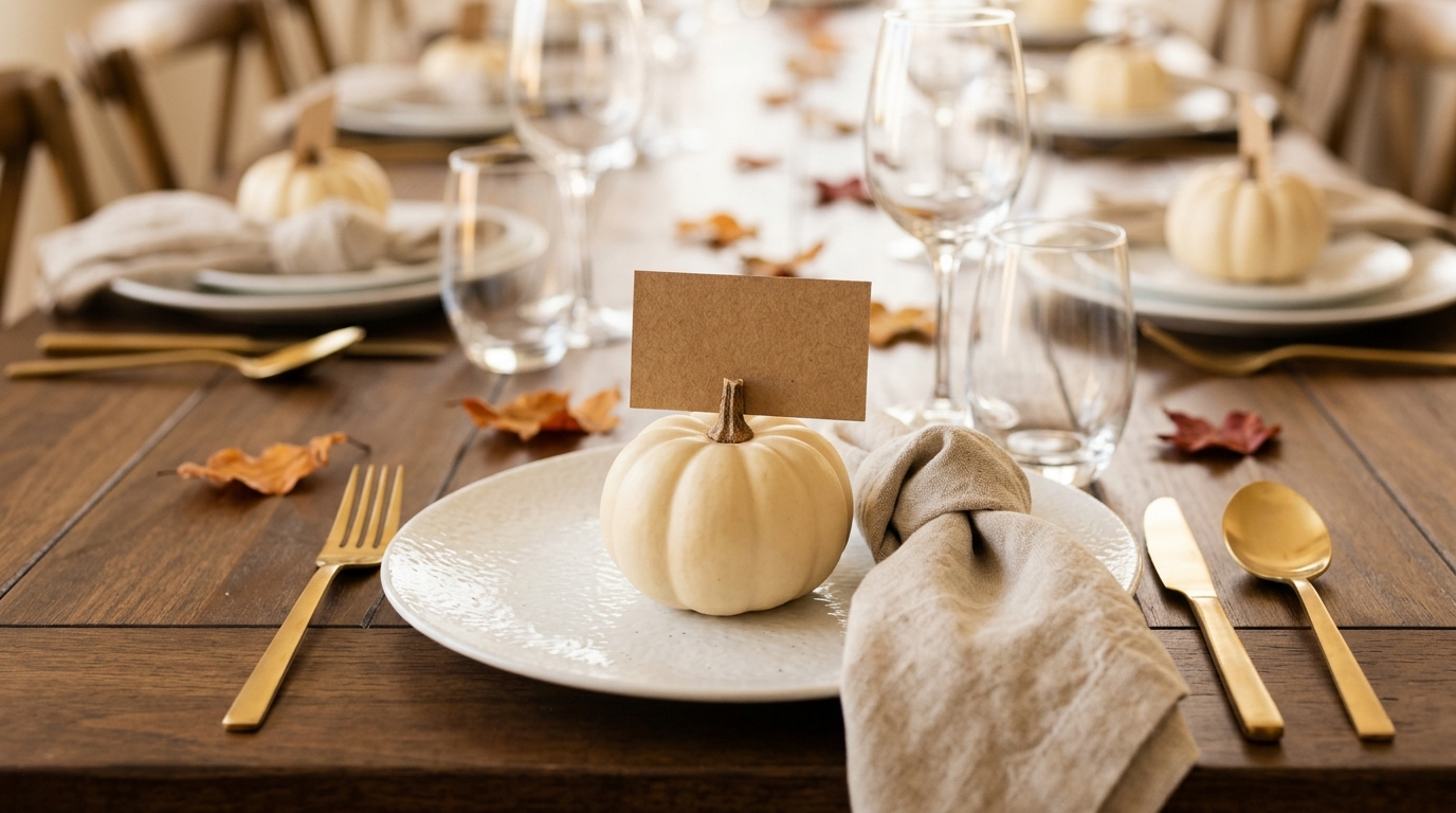 Small cream pumpkin holding a blank kraft place card on a white plate at a Thanksgiving table