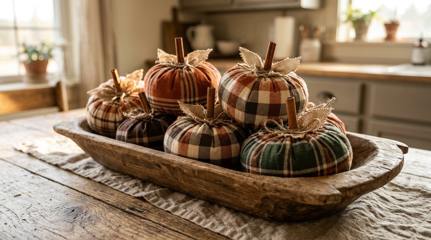 Faux pumpkins covered in rust, cream and green plaid flannel piled in a wooden dough bowl