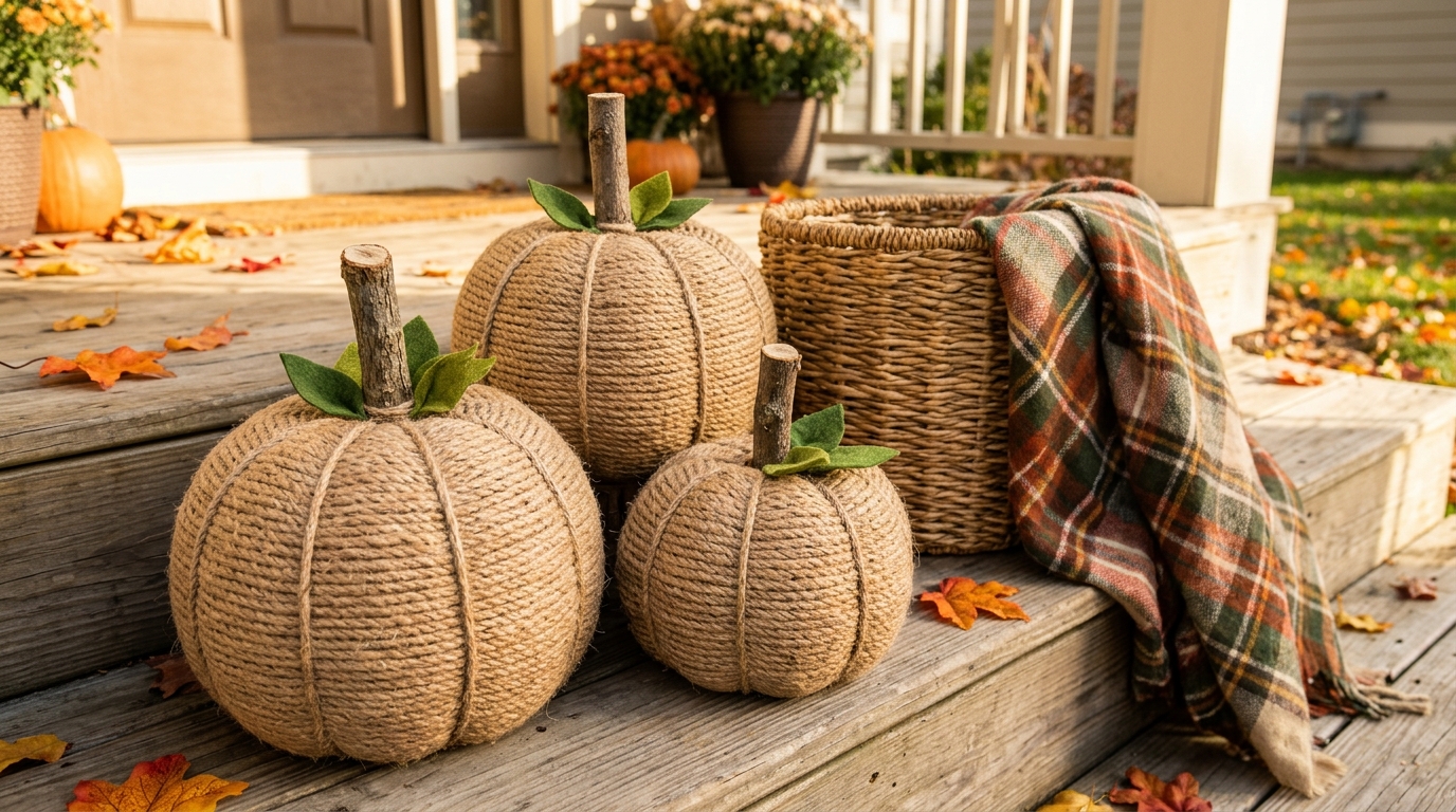 Faux pumpkin makeovers with jute rope wrapped pumpkins sitting on porch steps