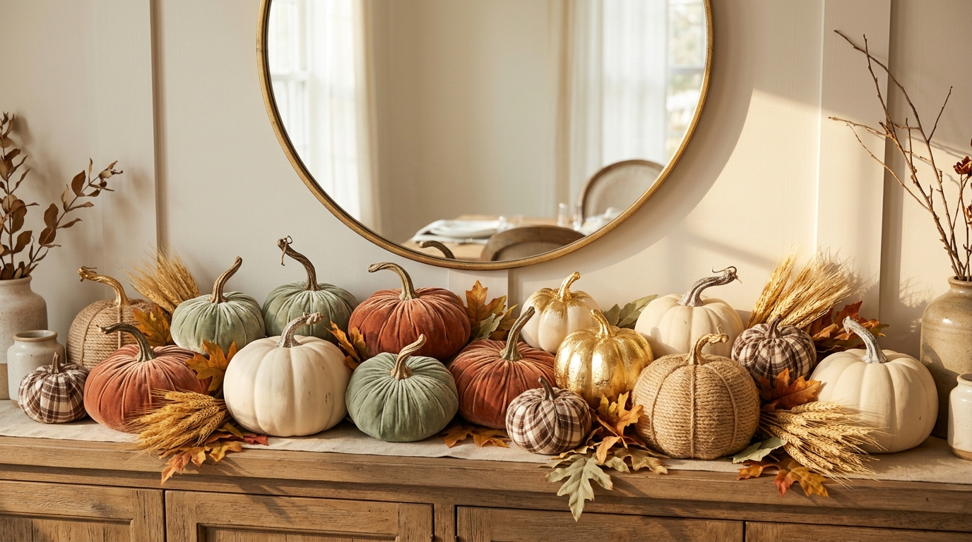 Faux pumpkin makeovers on a Thanksgiving sideboard: velvet, chalk painted, plaid, rope and gold leaf pumpkins with wheat