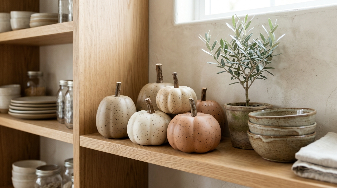 Faux pumpkin makeovers that look like speckled stoneware on open kitchen shelves