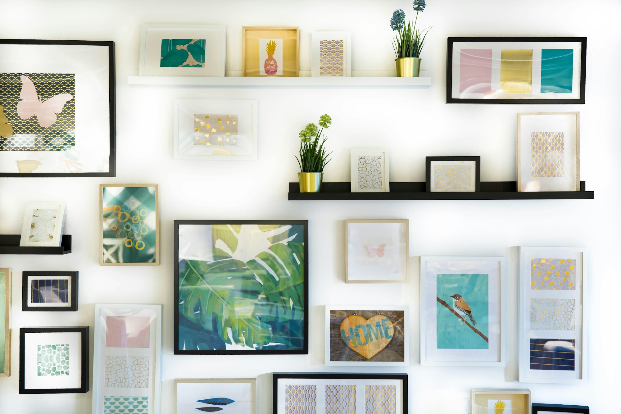 DIY picture frames idea, a gallery wall of framed art and shelves