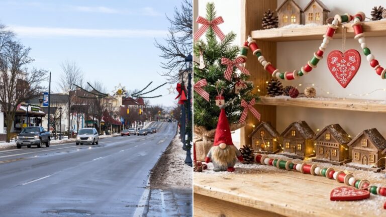 Frankenmuth Christmas side by side: snowy Main Street in Frankenmuth and a shelf of handmade Bavarian style decor