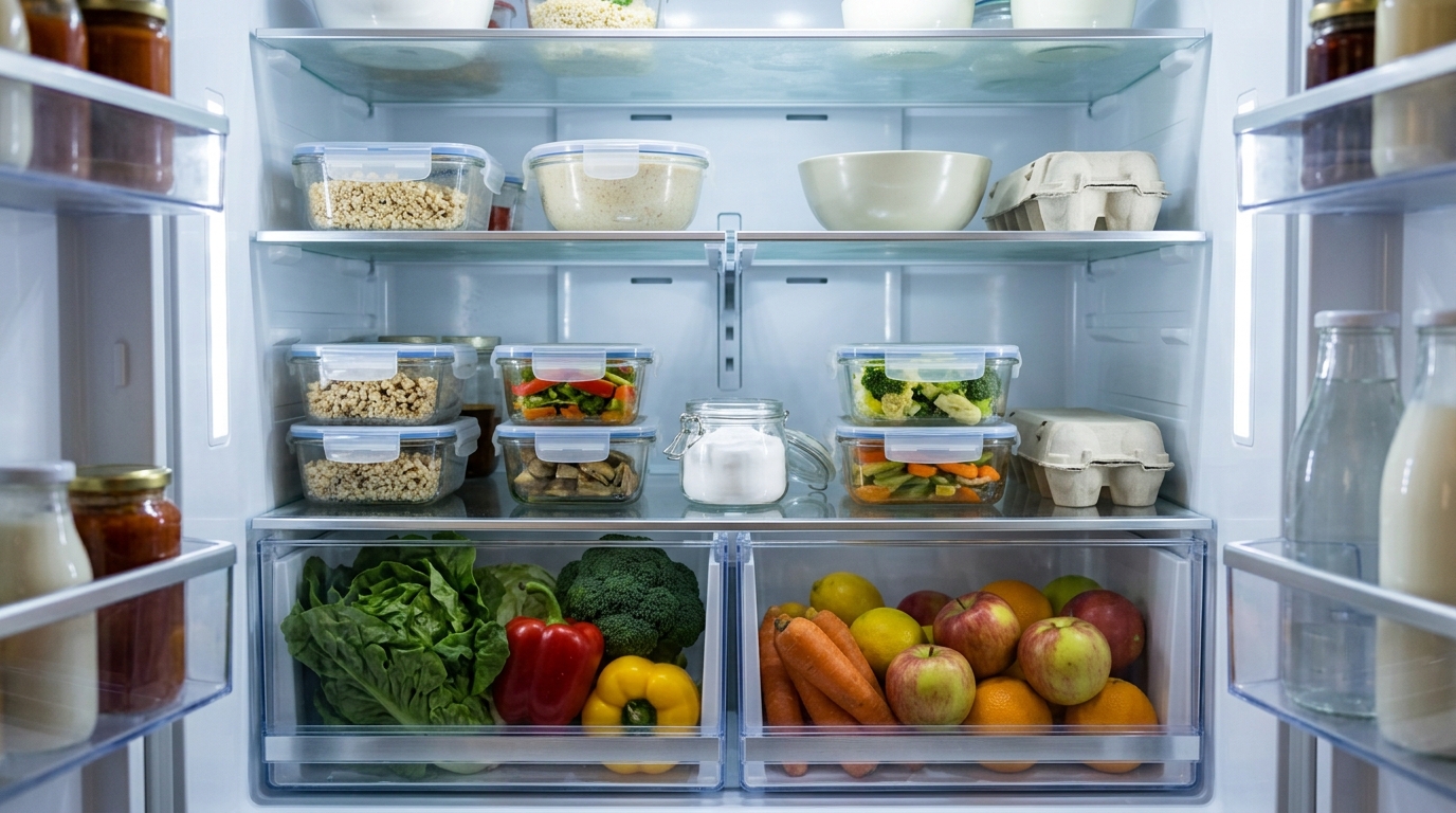 Clean organized refrigerator with a jar of baking soda on a shelf