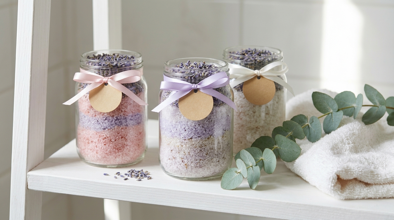 DIY Christmas gifts for friends: jars of layered pink, lavender and white bath salts with ribbons and blank tags