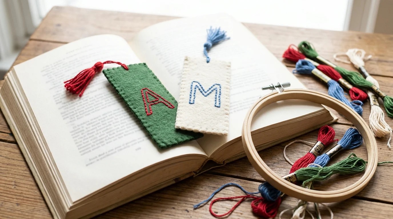 Felt bookmarks with embroidered initials A and M and small tassels on an open book