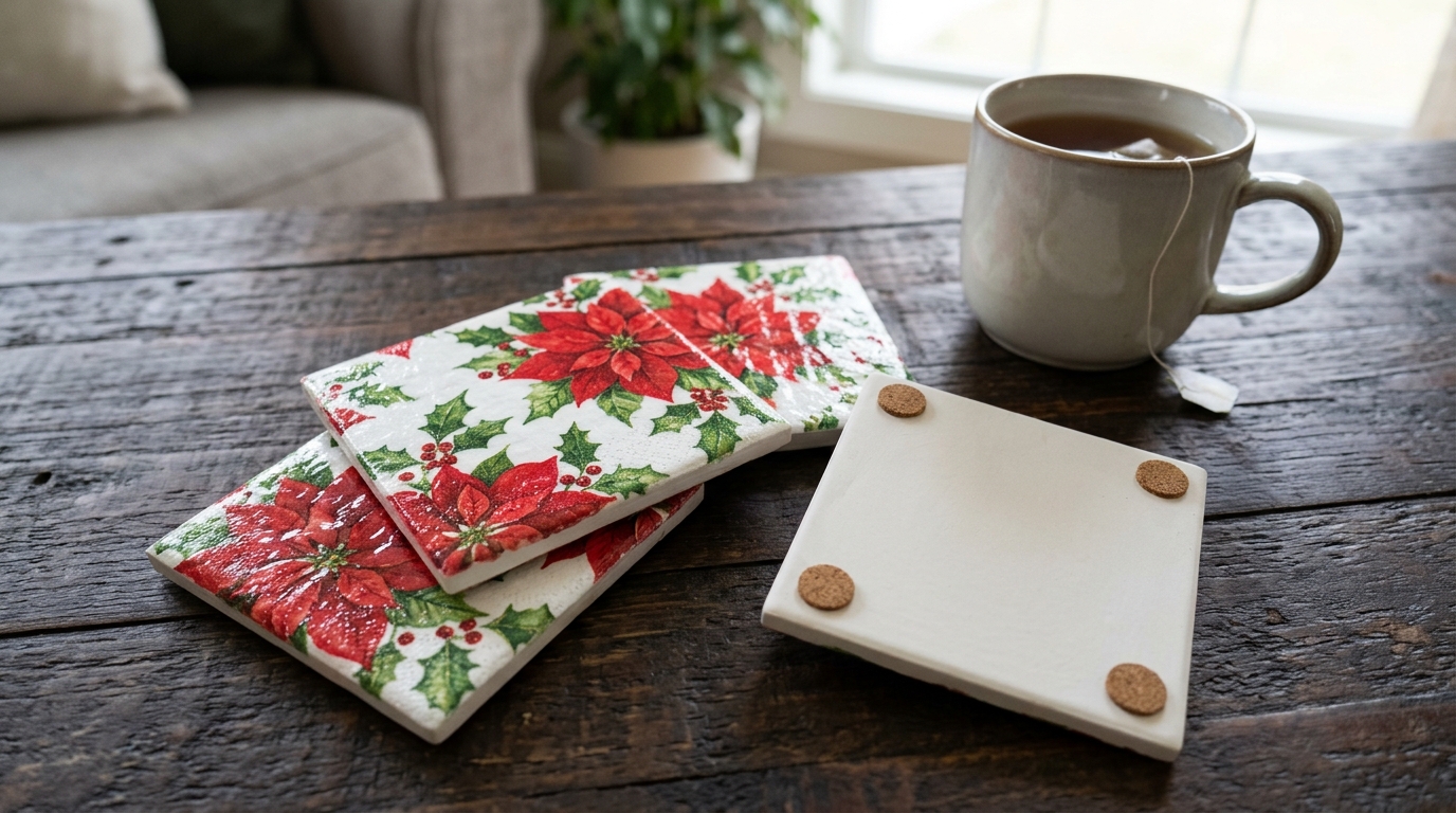 DIY Christmas gifts for friends: square tile coasters with poinsettia napkin decoupage, with cork pads, on a wooden coffee table