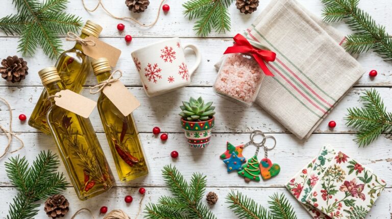 DIY Christmas gifts for friends laid out on a white table, with herb oil bottles, a snowflake mug, bath salts, a tea towel, clay keychains and coasters