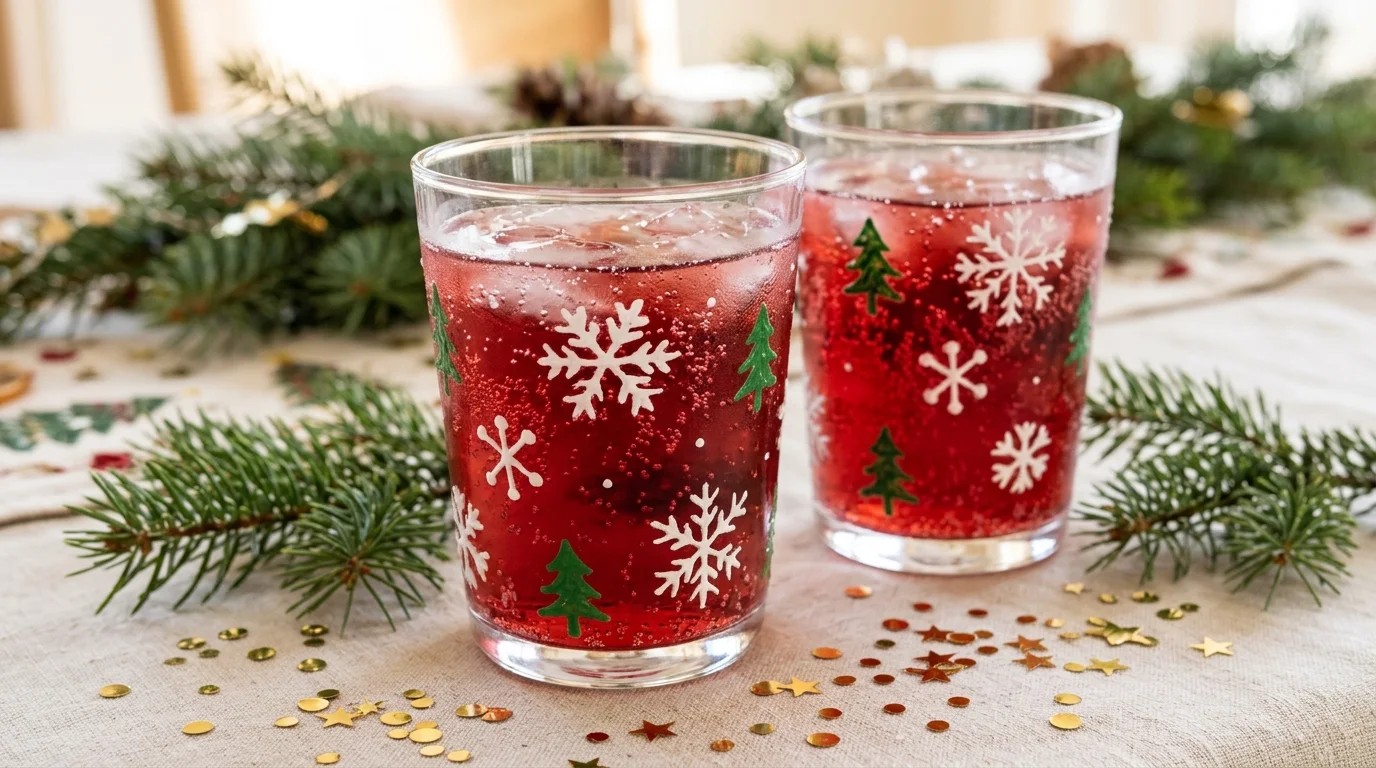 Pair of tumblers hand painted with white snowflakes and green trees holding red cranberry juice