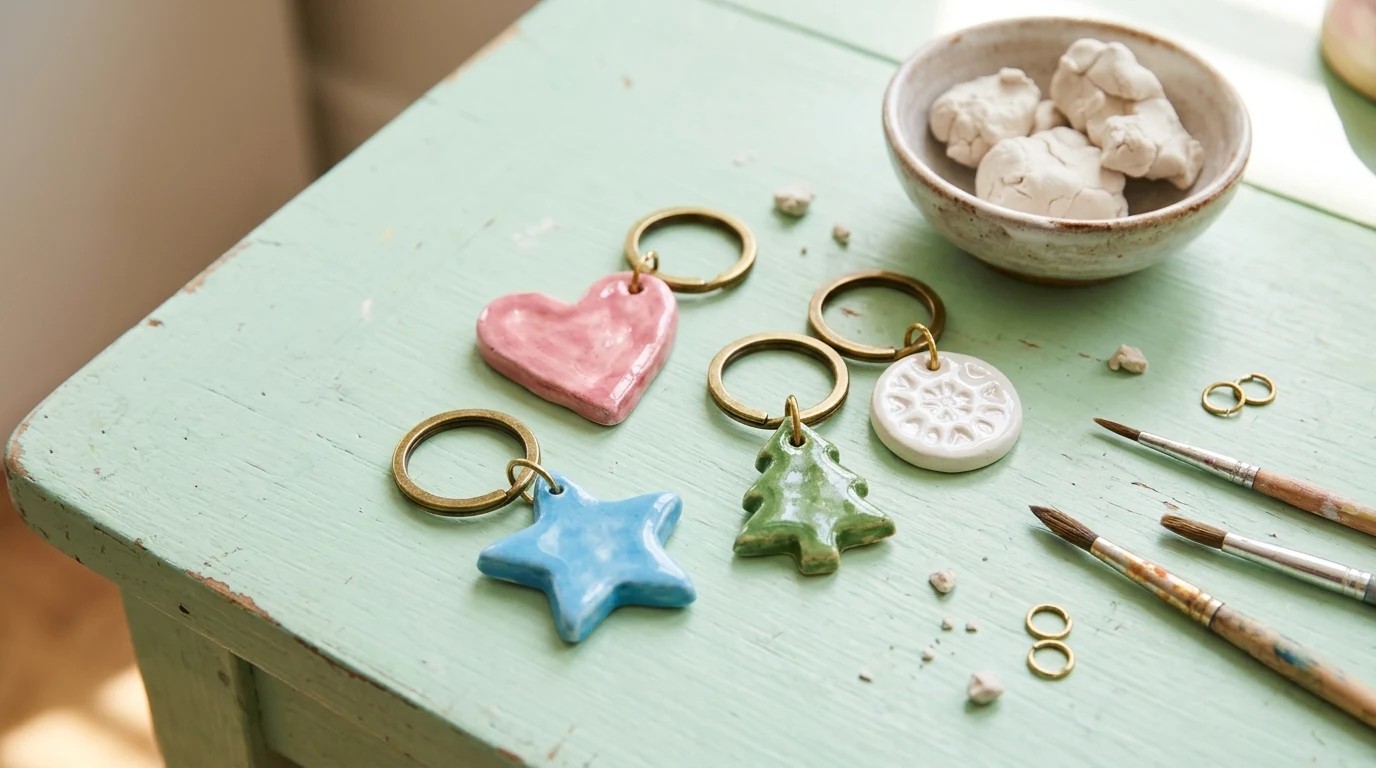 DIY Christmas gifts for friends made from air dry clay: keychains shaped like a heart, star and tree on brass key rings