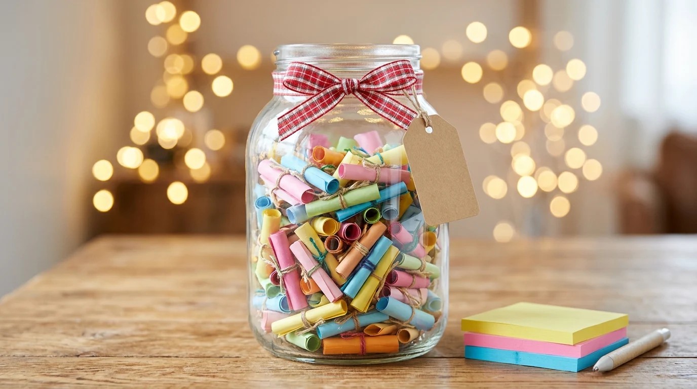 DIY Christmas gifts for friends: a glass jar filled with rolled colorful paper notes and tied with a plaid ribbon