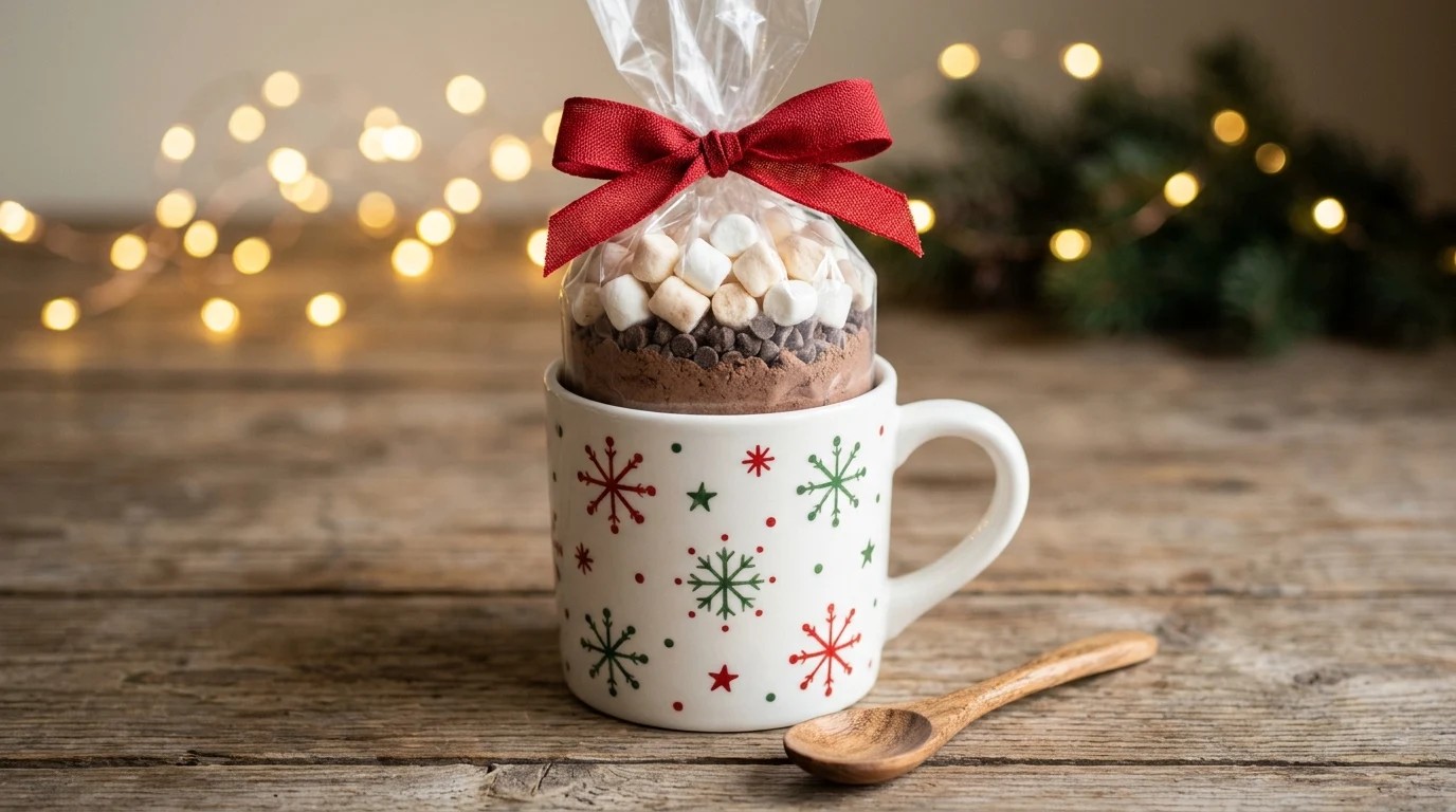 DIY Christmas gifts for friends with a hand painted snowflake mug filled with a bag of homemade hot cocoa mix and marshmallows