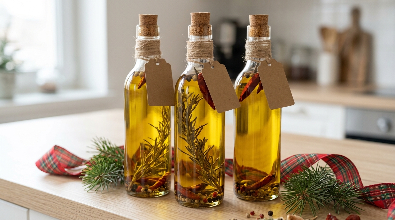 DIY Christmas gifts for friends: three glass bottles of olive oil with dried rosemary, chili and peppercorns tied with twine and kraft tags