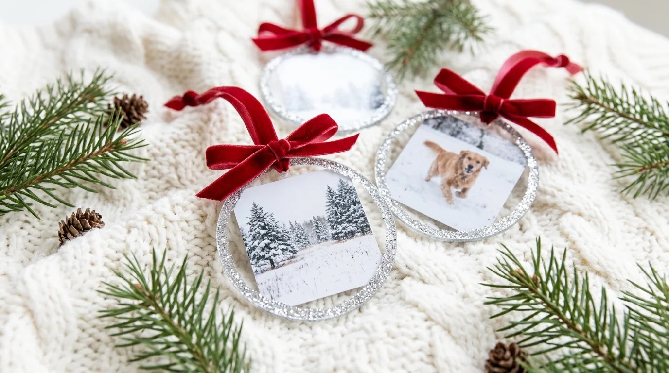Clear flat ornaments holding small printed photos, trimmed with glitter and red velvet ribbon