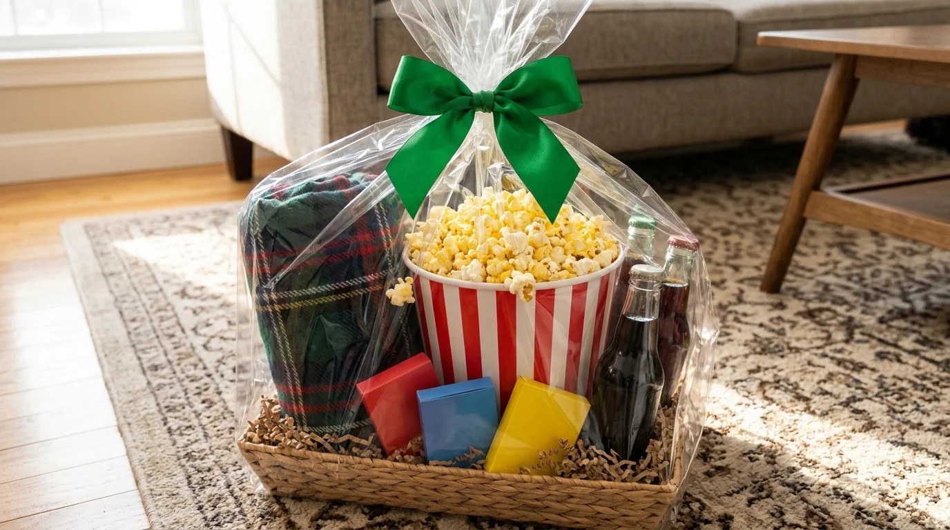 Movie night gift basket with a striped popcorn bucket, plaid blanket and candy wrapped in cellophane
