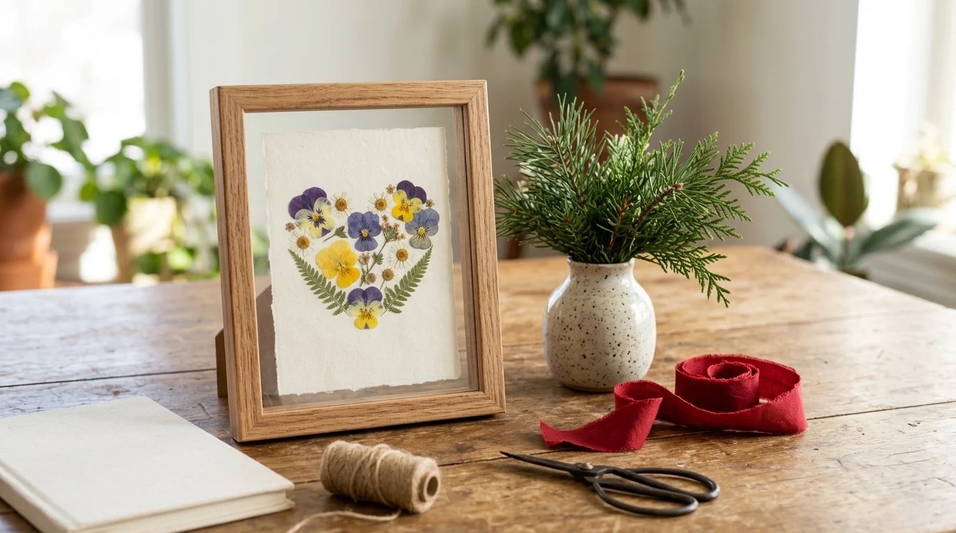Small wooden frame with pressed pansies and ferns arranged in a heart on a desk