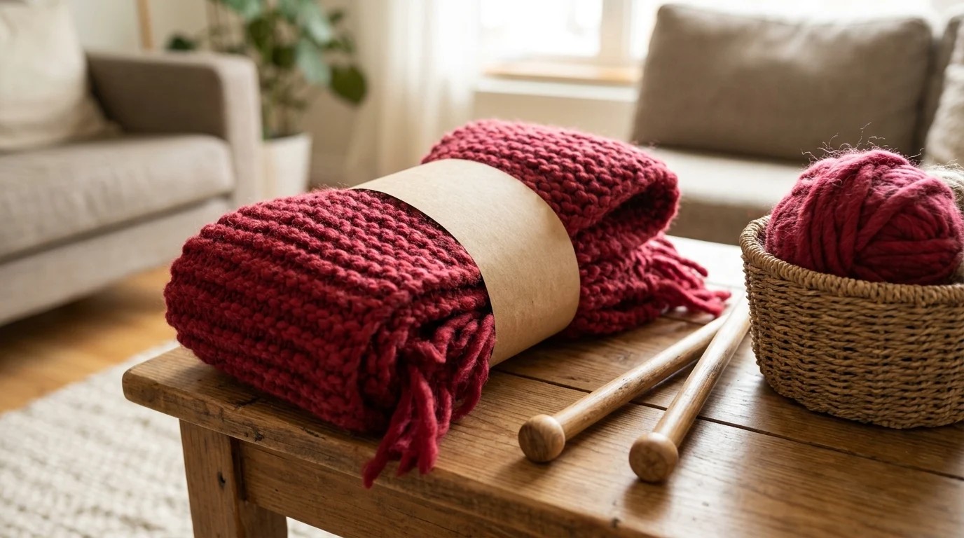 Chunky cranberry red knit scarf with fringe tied with a kraft paper band beside wooden needles and yarn