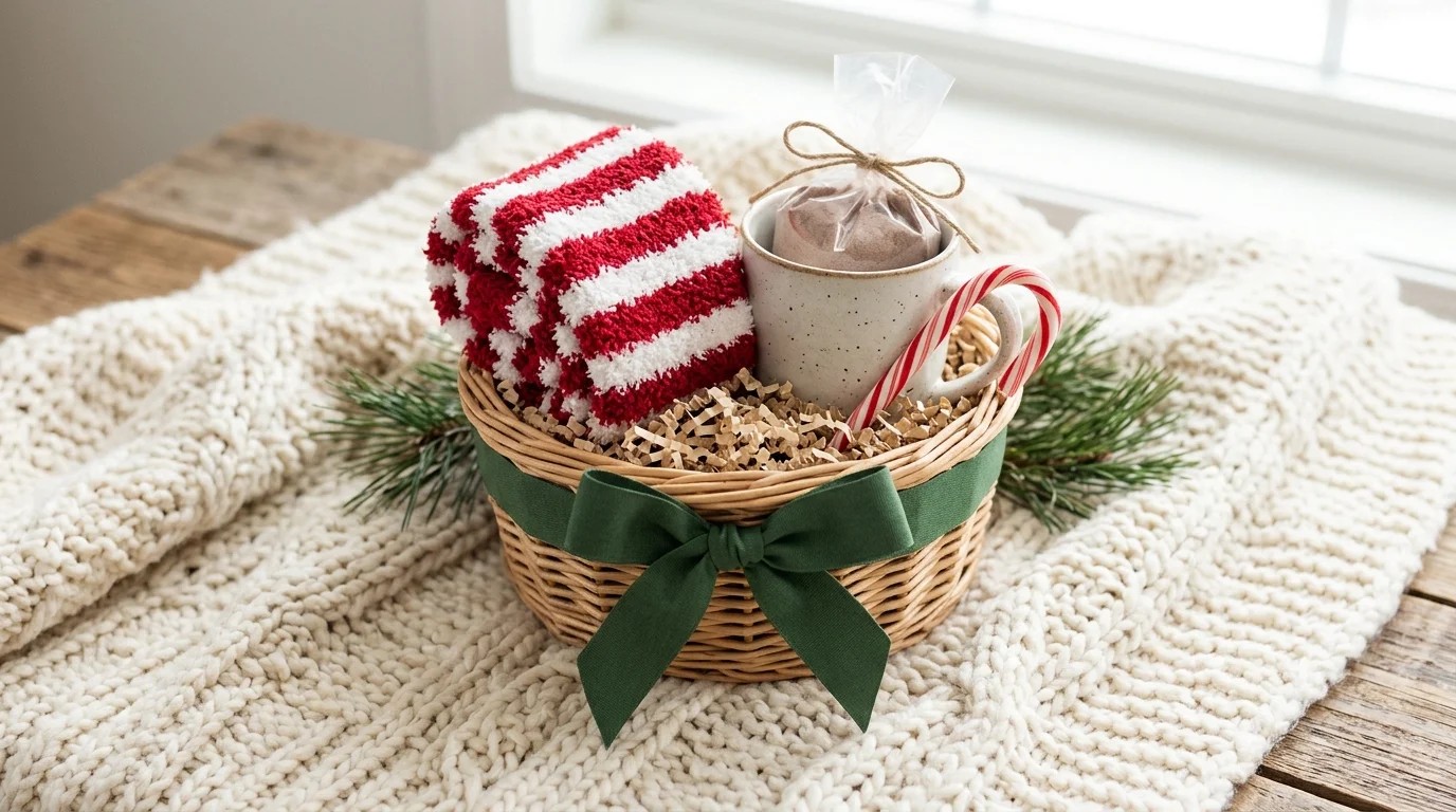 Basket with fuzzy striped socks, a mug with cocoa mix and a candy cane on a knit blanket