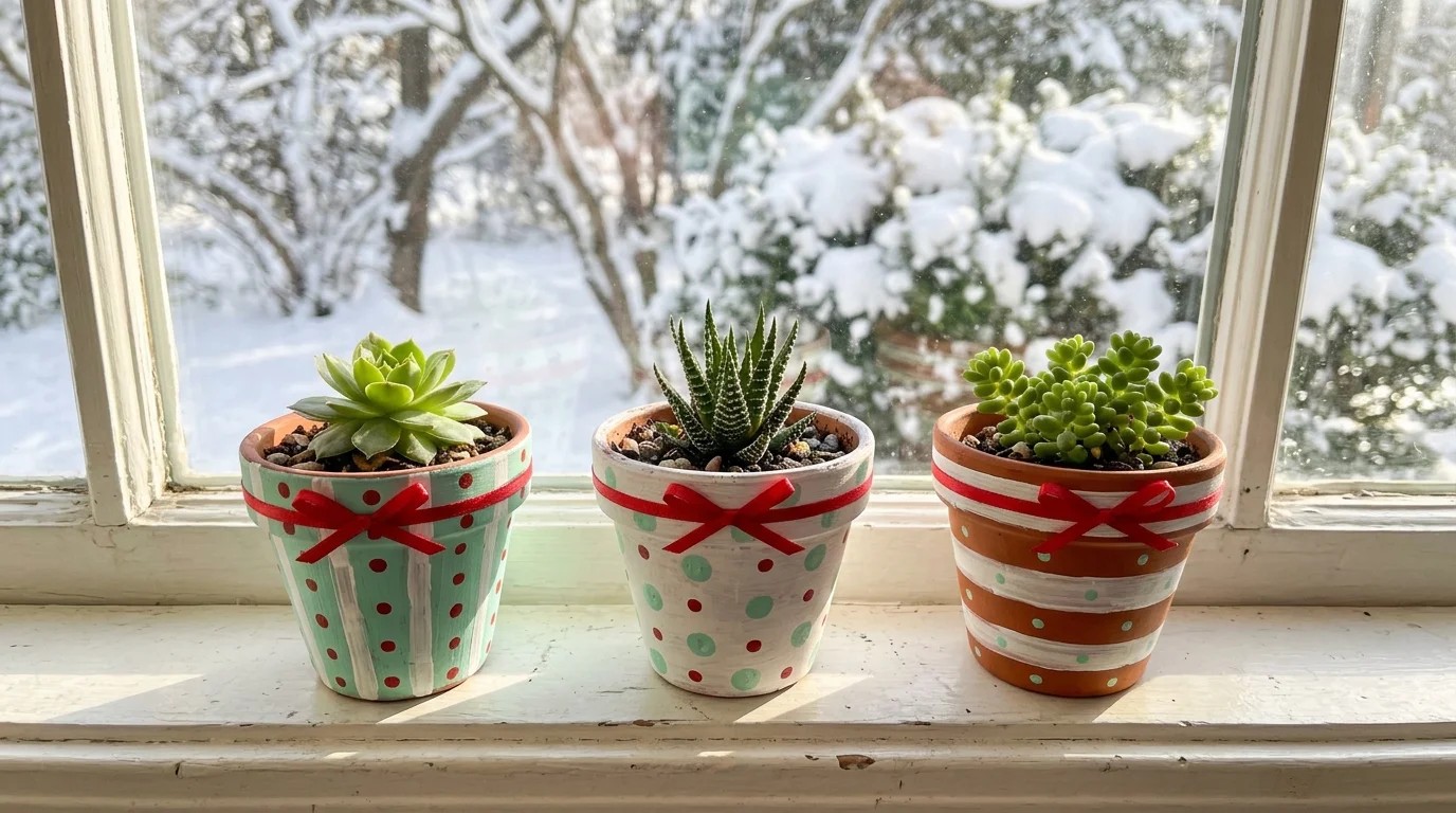 Three small terracotta pots painted with dots and stripes holding green succulents on a snowy windowsill