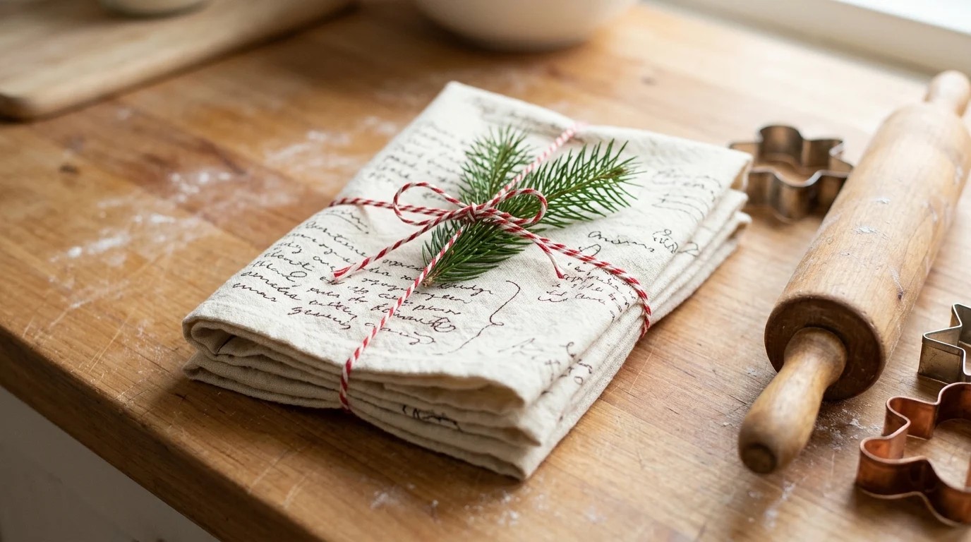 Cream tea towel with a handwritten style family recipe in brown fabric marker tied with baker twine