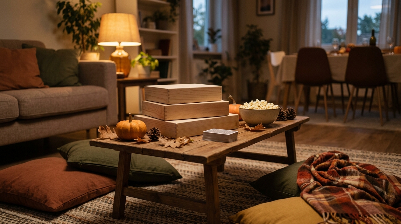 Cozy living room corner with a stack of plain wooden game boxes, cards, popcorn and floor cushions