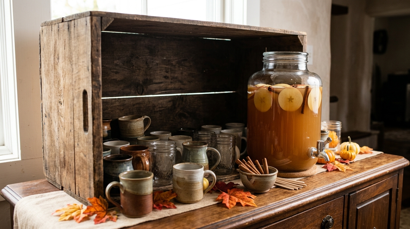 Rustic wooden crate turned on its side holding a glass dispenser of apple cider with apple slices, cinnamon sticks and mugs