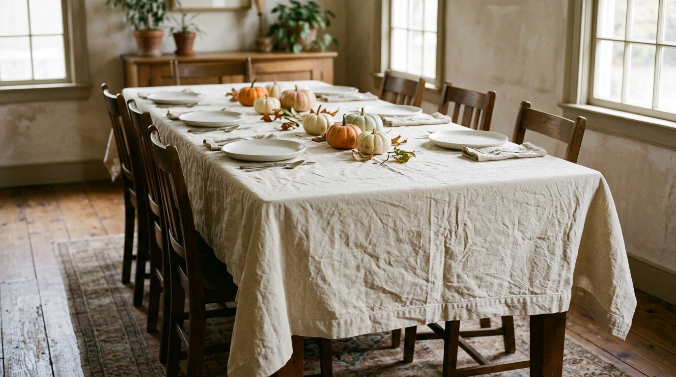 Cream painter's drop cloth draped as a soft rumpled linen look cloth and simple white plates