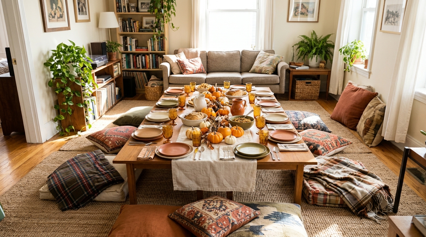 Friendsgiving Table Ideas small apartment living room with a low coffee table set for dinner and floor cushions all around