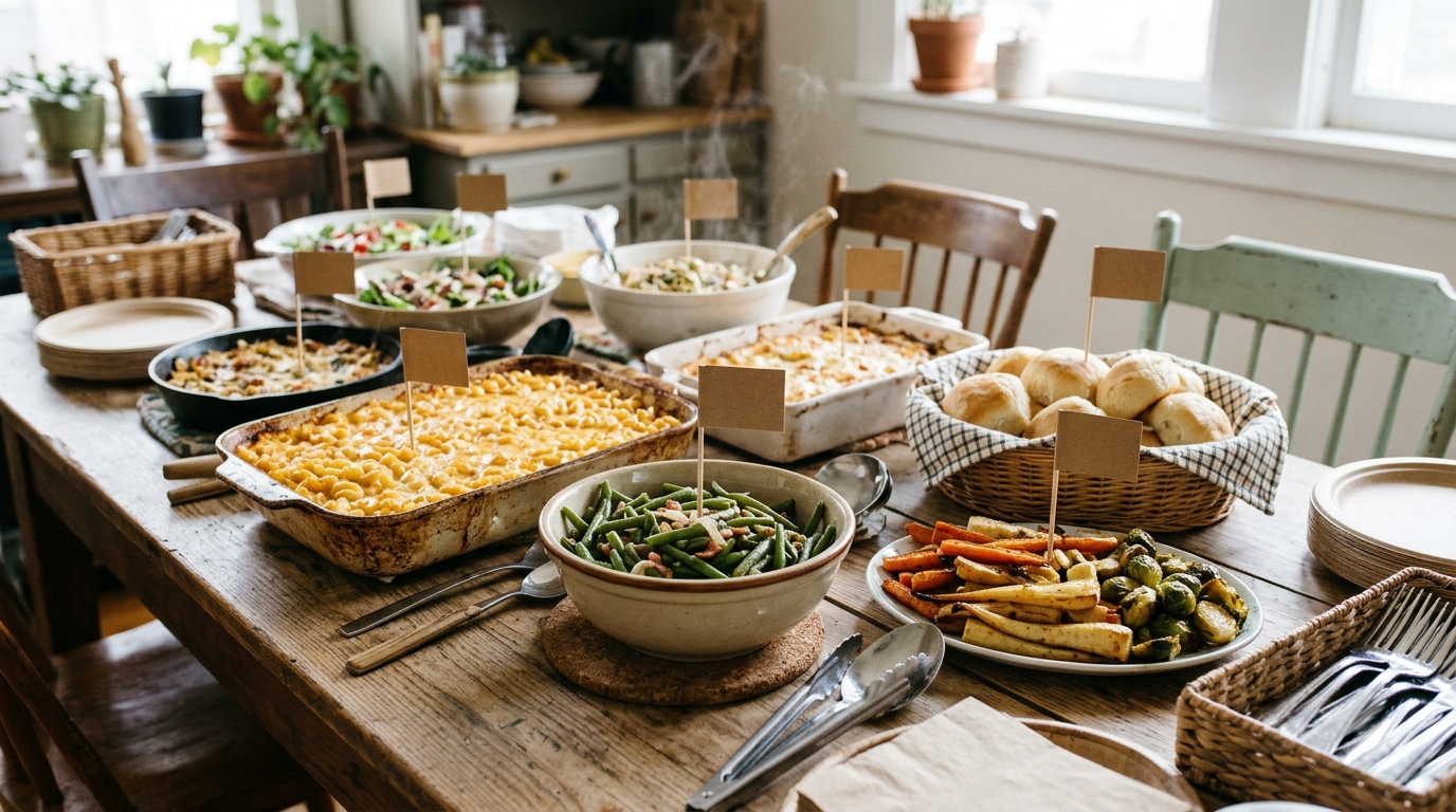 Friendsgiving Table Ideas potluck buffet with homemade dishes marked by small kraft paper flags on toothpicks