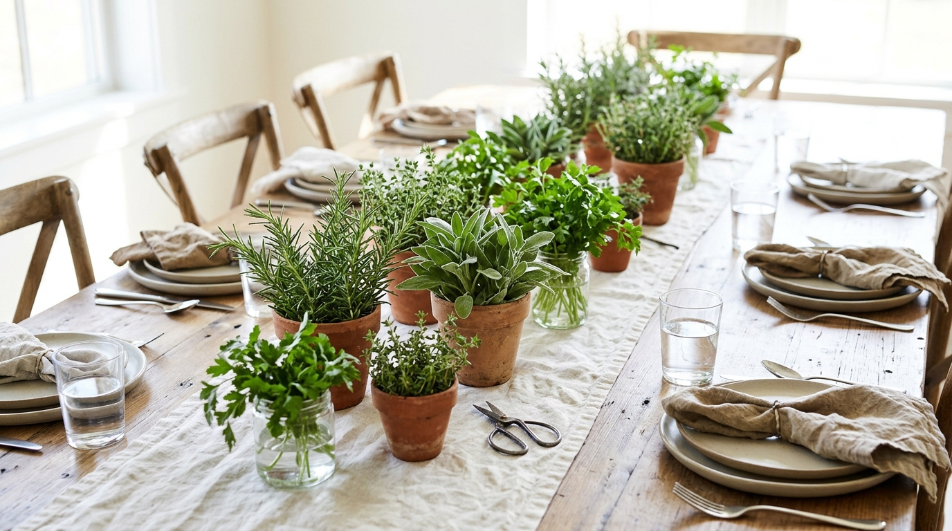 Low centerpiece of rosemary, sage, thyme and parsley in small terracotta pots and short glass jars